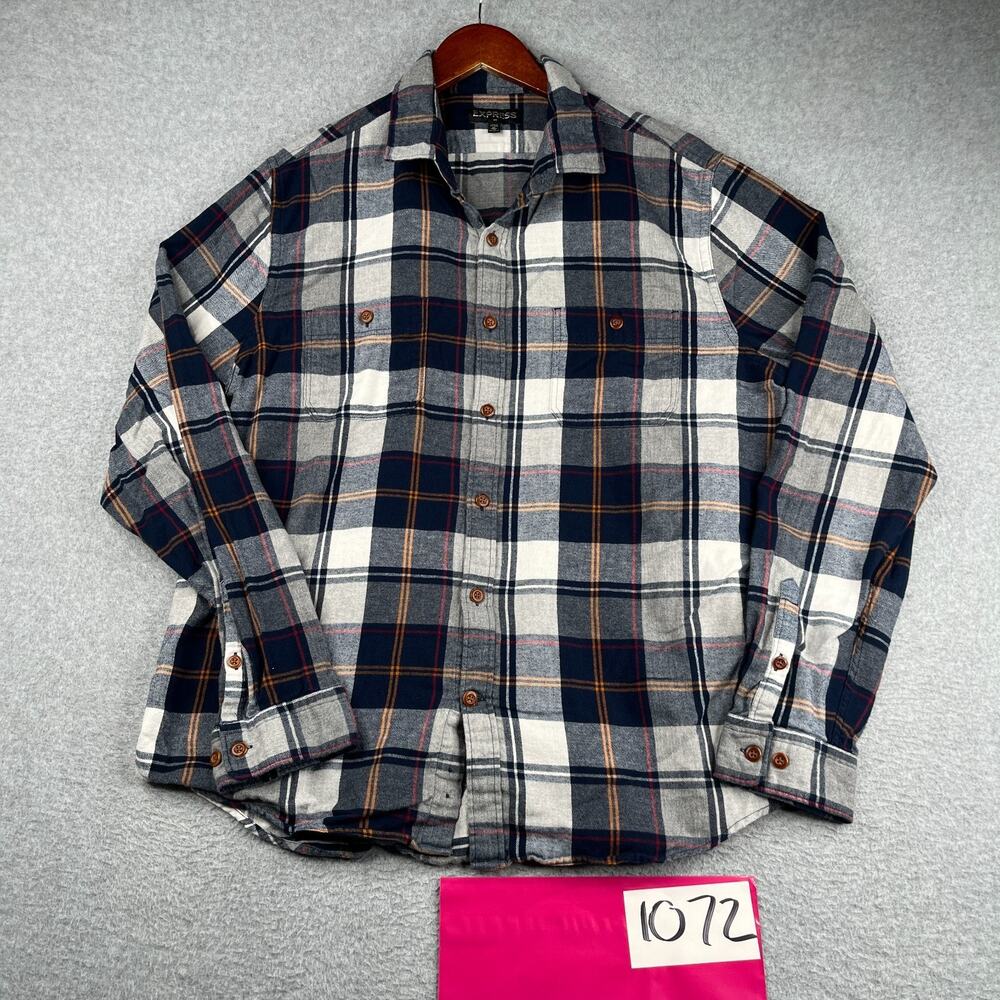 Express Shirt XL Navy Plaid Flannel Pocket Button Up Long Sleeve Mens